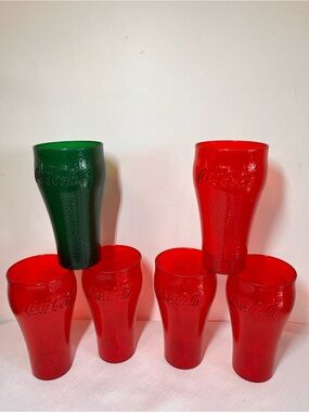 Coca Cola Red & Green Embossed Plastic Tumblers VINTAGE, Dixie Collectables.